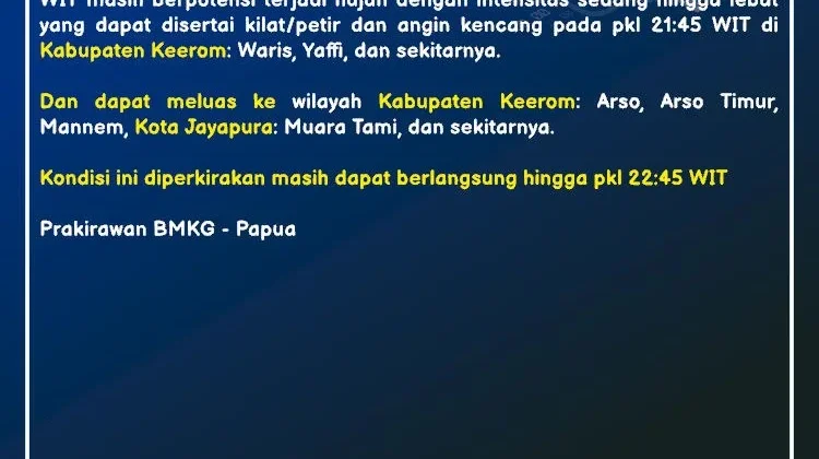 BMKG Siaga Hujan Lebat di Keerom