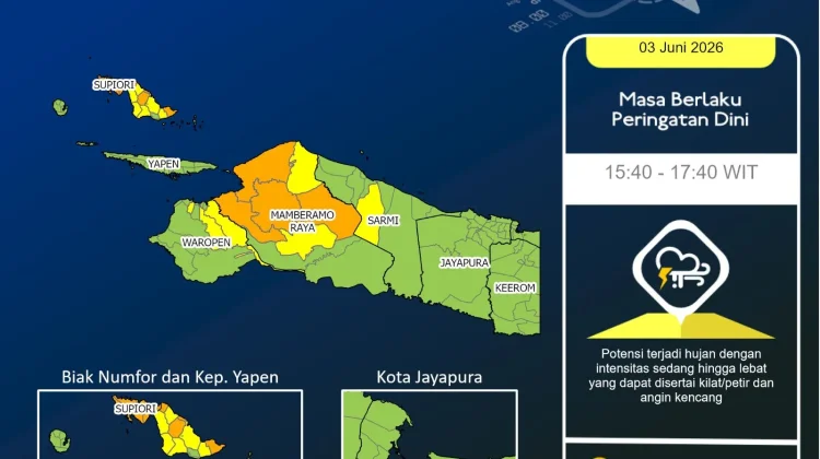 Hujan Lebat Berpotensi Guyur Biak, Supiori hingga Mamberamo Raya