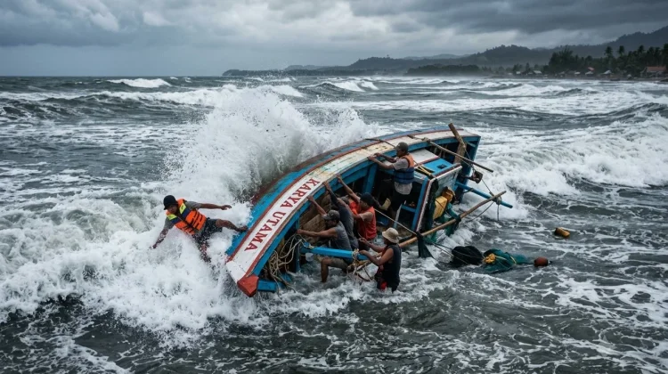 Perahu Pengojek di Ketapang Terbalik di Terjang Ombak Besar