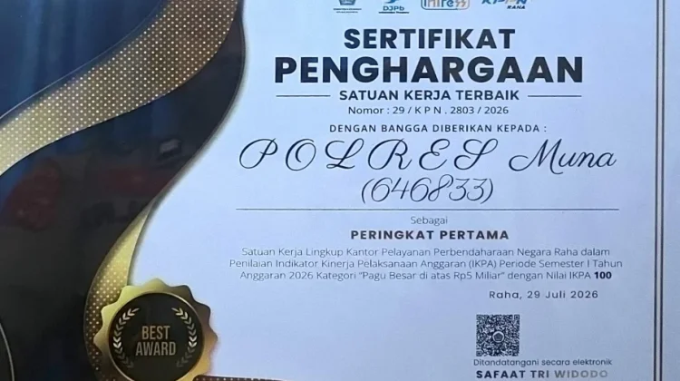 Polres Muna Raih Tiga Penghargaan Pengelolaan Anggaran KPPN Raha