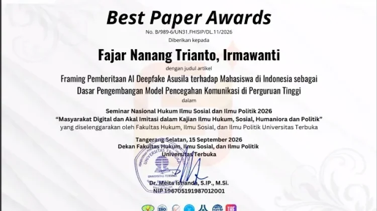 Dosen UHO Kendari Raih Penghargaan Best Paper Award Semnasip UT 2026