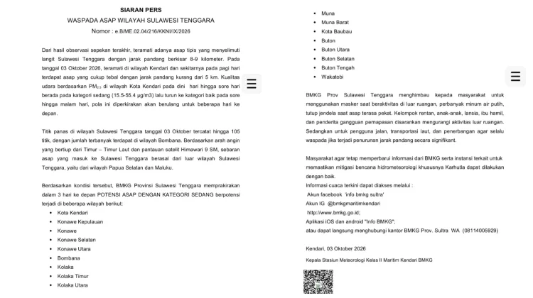 BMKG Prakirakan Asap Sedang Selimuti Wakatobi, Ini Imbauannya