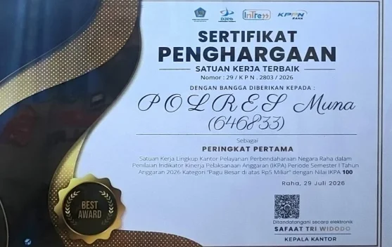 Polres Muna Raih Tiga Penghargaan Pengelolaan Anggaran KPPN Raha