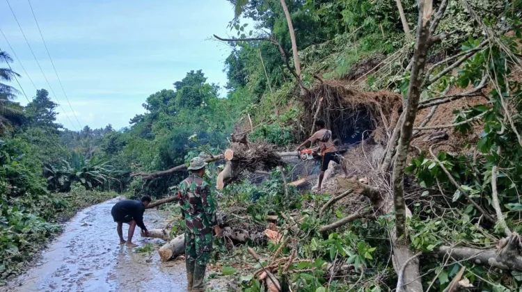 Babinsa Walakaka Gotong Royong Bersihkan Material Longsor