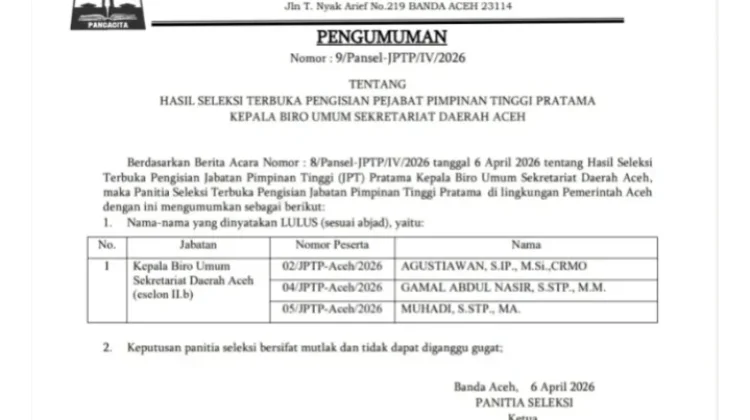 Tiga Nama Lolos Seleksi Kepala Biro Umum Setda Aceh