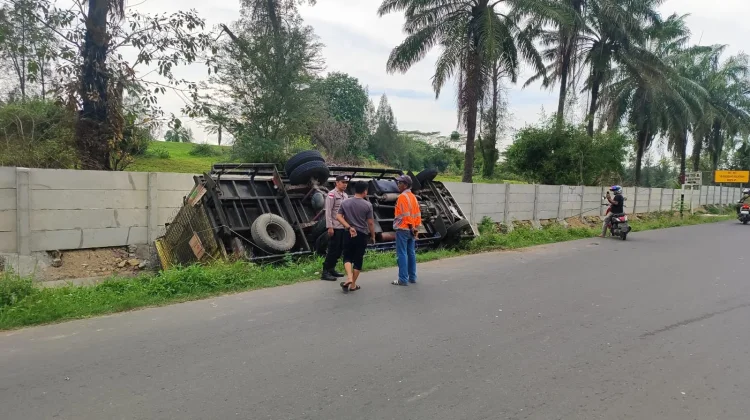 Hindari Tabrakan, Truk Colt Terbalik ke Parit di Simpang Pelabuhan Muara Satu