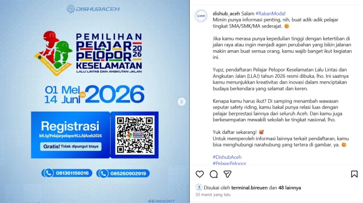 Dishub Aceh Buka Pendaftaran Pemilihan Pelajar Pelopor Keselamatan Lalu Lintas