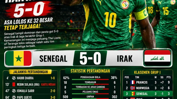 Senegal Pesta Gol 5-0 atas Irak, Asa Lolos ke Babak 32 Besar Tetap Terjaga