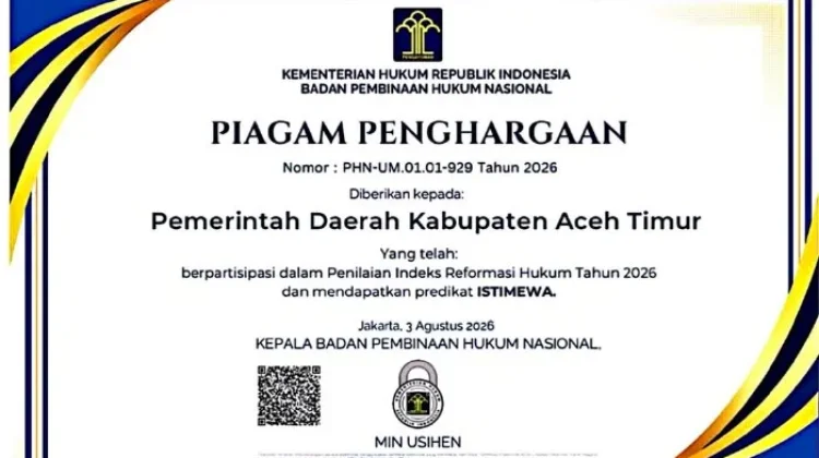 Aceh Timur Raih Predikat AA Indeks Reformasi Hukum 2026