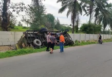 Hindari Tabrakan, Truk Colt Terbalik ke Parit di Simpang Pelabuhan Muara Satu