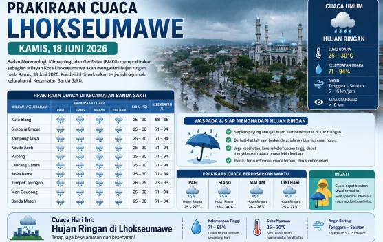 Cuaca Lhokseumawe Hari Ini Didominasi Hujan Ringan, Ini Wilayah yang Terdampak