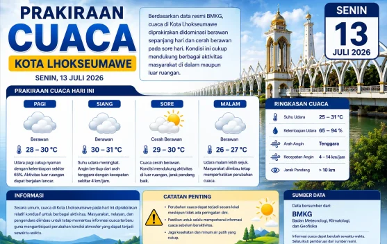 Cuaca Lhokseumawe Hari Ini Didominasi Berawan, Cerah Berawan pada Sore Hari