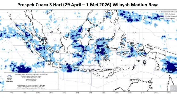 Madiun Raya 3 Hari ke Depan Waspadai  Peningkatan Intensitas Hujan Sedang-Lebat