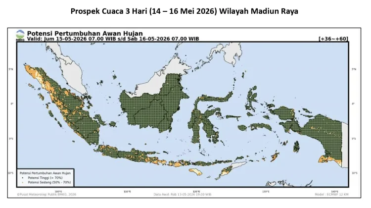 Madiun Raya 14 -16 Mei Berawan - Hujan Ringan, Waspadai Peningkatan Hujan Sedang - Lebat.
