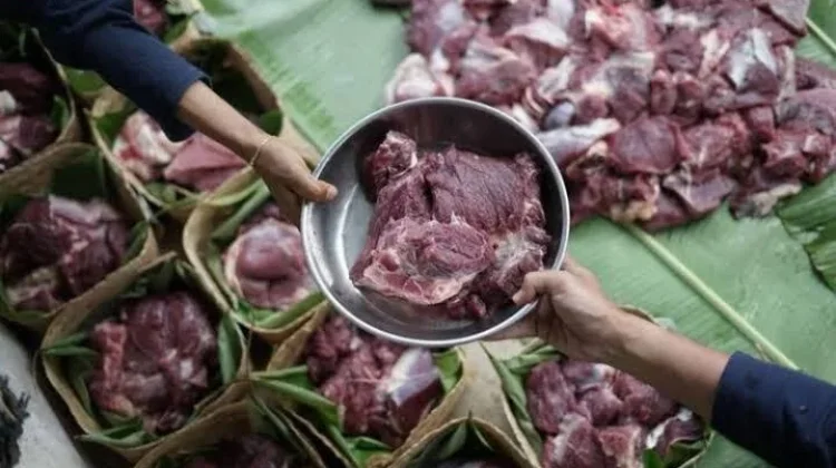 Pembagian Daging Sapi Kurban di Ponorogo Gunakan Daun Pisang dan Besek