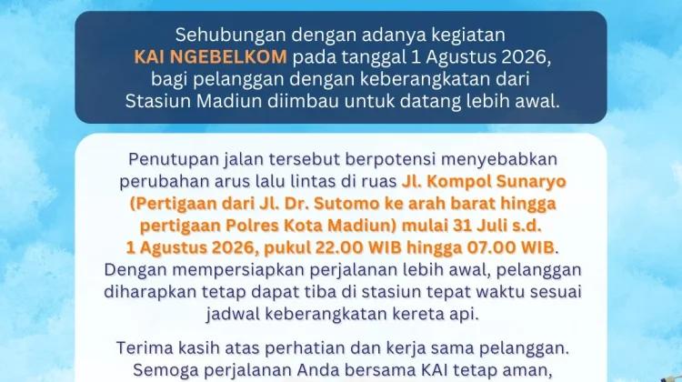 KAI Ngebel Kom, Daop 7 Imbau Pelanggan Datang Lebih Awal ke Stasiun Madiun