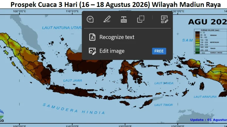 Cuaca Madiun Raya 16-18 Agustus, Cerah-Cerah Berawan, Suhu udara meningkat 31–34°C.