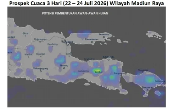 Cuaca Madiun Raya 22 - 24 Juli 2026, Cerah – Cerah Berawan, Potensi Hujan Sangat Rendah