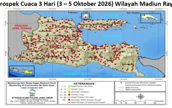 Cuaca Madiun Raya 3-5 Oktober, Cerah-Berawan, Potensi Hujan Lokal jelang Sore Hari.