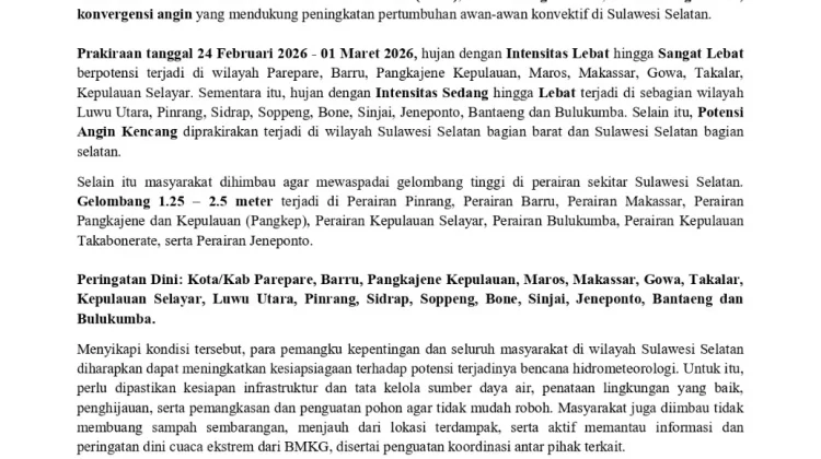 BMKG Peringatkan Potensi Cuaca Ekstrem di Sulsel hingga Awal Maret