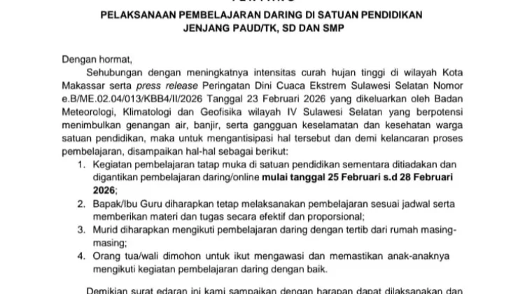 Cuaca Ekstrem, Disdik Makassar Terbitkan SE Sekolah PAUD hingga SMP Belajar Daring