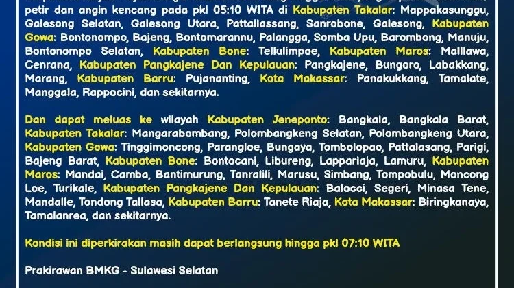 Prakirakan Hujan Ringan Berpotensi Terjadi di  Sulsel Sabtu 28 Februari 2026