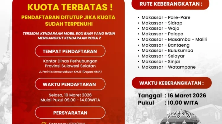 Pemprov Sulsel Buka Pendaftaran Program “Mudik Aman Berbagi Harapan”