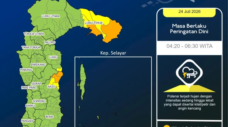 Prakiraan Cuaca Sulawesi Selatan, Jumat 24 Juli 2026