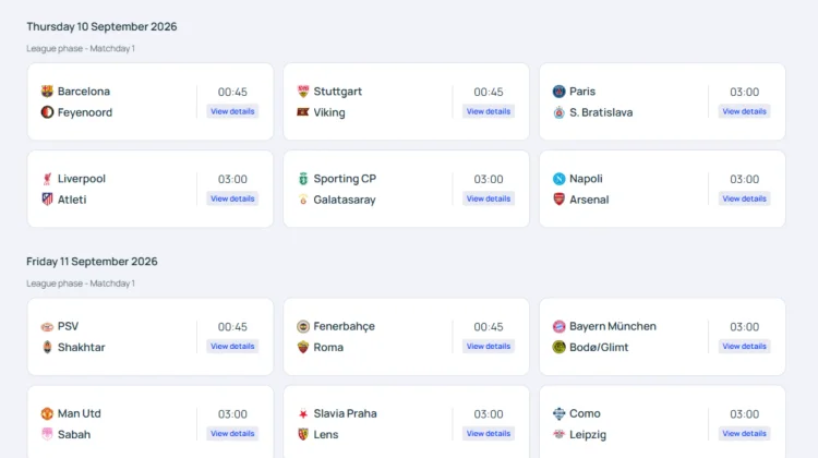 Jadwal Liga Champions 10 September 2026