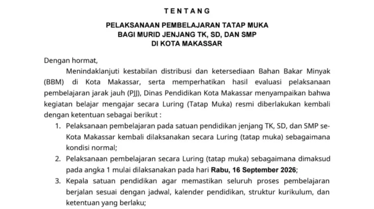 Disdik Makassar Cabut PJJ, Siswa TK-SMP Kembali Sekolah Tatap Muka