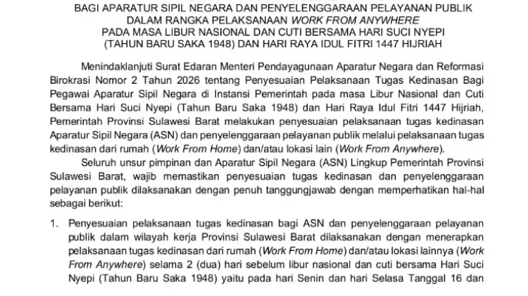 Mulai 16 Maret, Pemrov Sulbar Menerapkan ASN Berkerja dari Rumah