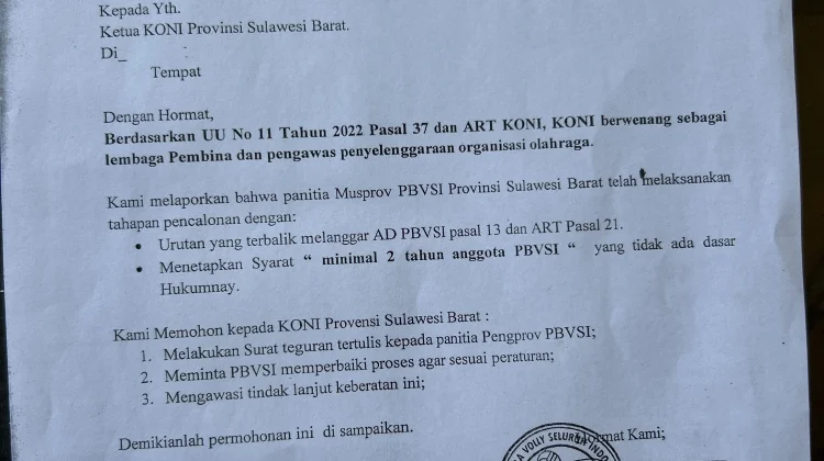 Surati KONI, PBVSI Mamuju Sebut Musprov PBVSI Tidak sesuai Prosedur