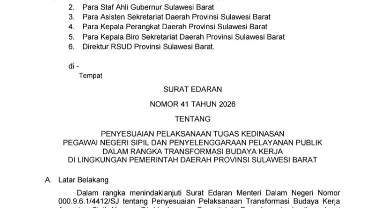 Gubernur Sulbar Terbitkan SE Aturan WFO dan WFH Bagi ASN