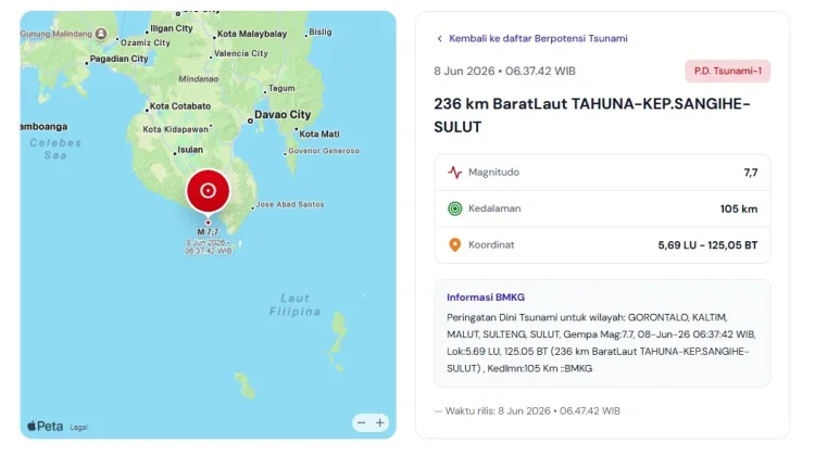 Gempa M7,7 Guncang Barat Laut Tahuna, BMKG Keluarkan Peringatan Dini Tsunami