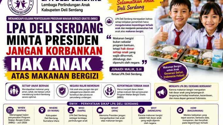 LPA Deli Serdang Minta Presiden Jamin Hak Anak Atas Makanan Bergizi Terpenuhi