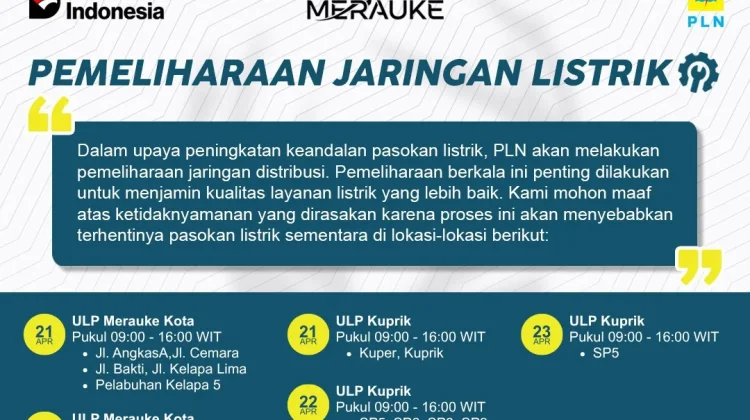 PLN Merauke Lakukan Pemadaman Listrik Berkala, Ini Jadwalnya