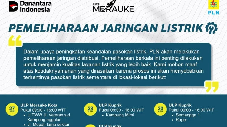 PLN Merauke Lakukan Pemadaman Listrik Berkala, Berikut Jadwalnya