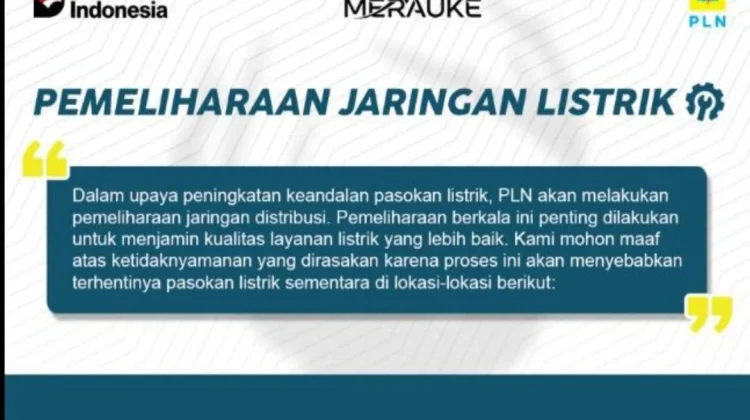 PLN Merauke Lakukan Pemadaman Listrik di ULP Kuprik dan Kurik