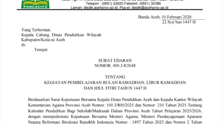 Disdik Aceh Terbitkan Edaran Pembelajaran Ramadhan 1447 H