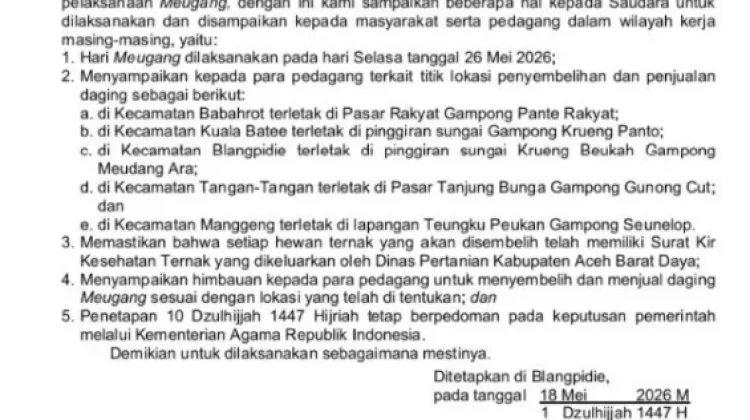 Pemkab Abdya Tetapkan Hari Meugang Idul Adha Jatuh 26 Mei 2026