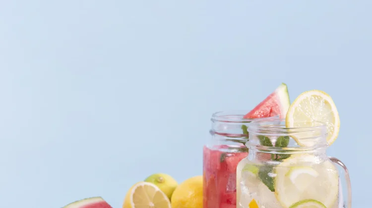 Sajian Minuman Segar Potongan Semangka dan Irisan Jeruk