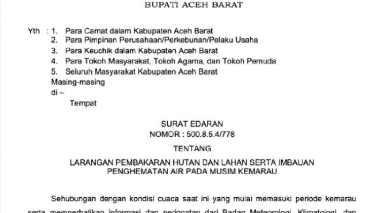 Pemkab Aceh Barat Terbitkan Edaran Cegah Karhutla dan Hemat Air