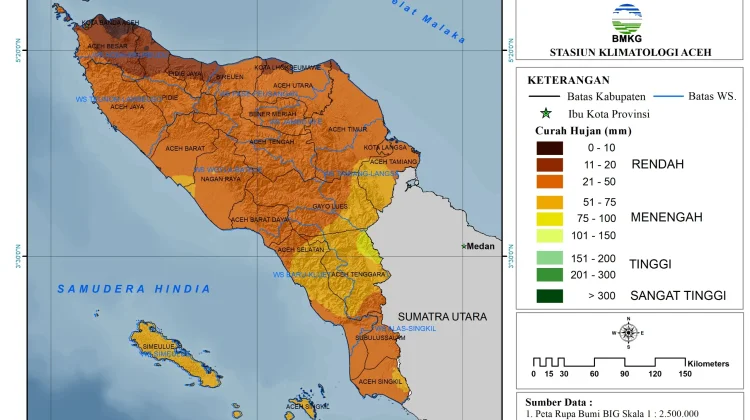 Prakiraan Curah Hujan Dasarian I Juli 2026 di Aceh