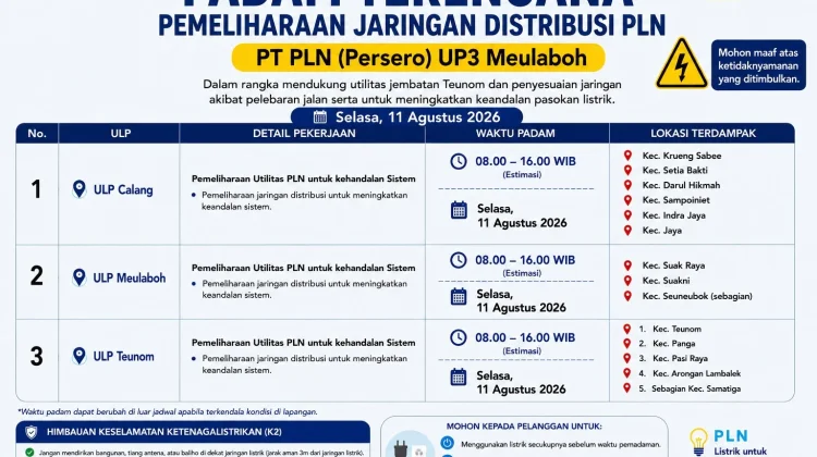 PLN UP3 Meulaboh Jadwalkan Pemadam Listrik Terencana di Sejumlah Wilayah