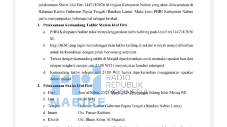 Sholat Idul Fitri 2026 Nabire Dipusatkan di Halaman Kantor Gubernur Papua Tengah
