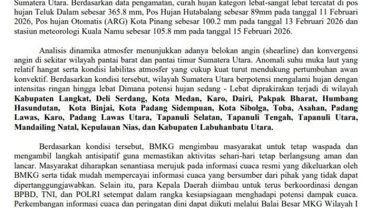Prospek Cuaca Mingguan Sumut, Waspada Potensi Hujan Sedang-Lebat