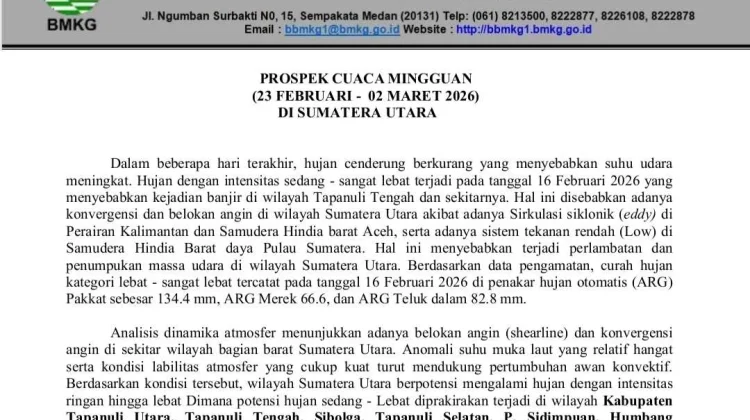 Sejumlah Wilayah di Sumut Minggu Ini Diperkirakan Berpotensi Hujan Sedang-Lebat