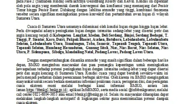 Prospek Cuaca Mingguan Sumut, Wilayah Berikut Masih Berpotensi Hujan Ringan-Lebat