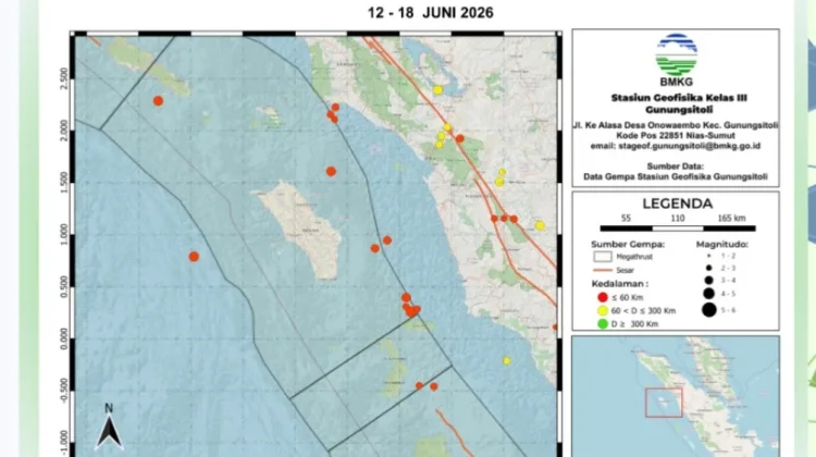 BMKG Catat 27 Kejadian Gempa di Kepulauan Nias Periode 12-18 Juni 2026