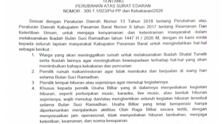 Pemkab Pasbar Terbitkan Edaran Ketertiban Selama Ramadan 1447H